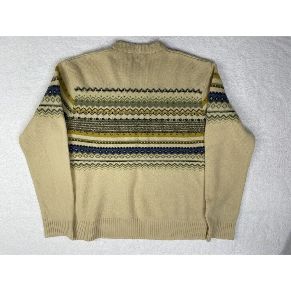 Vintage J Crew Men Cream 100% Lambswool L/S Fair Isle Sweater size‎ L.